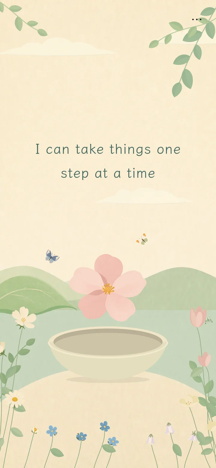 An affirmation above a bowl of water in an illustrated garden, during a breathing practice.