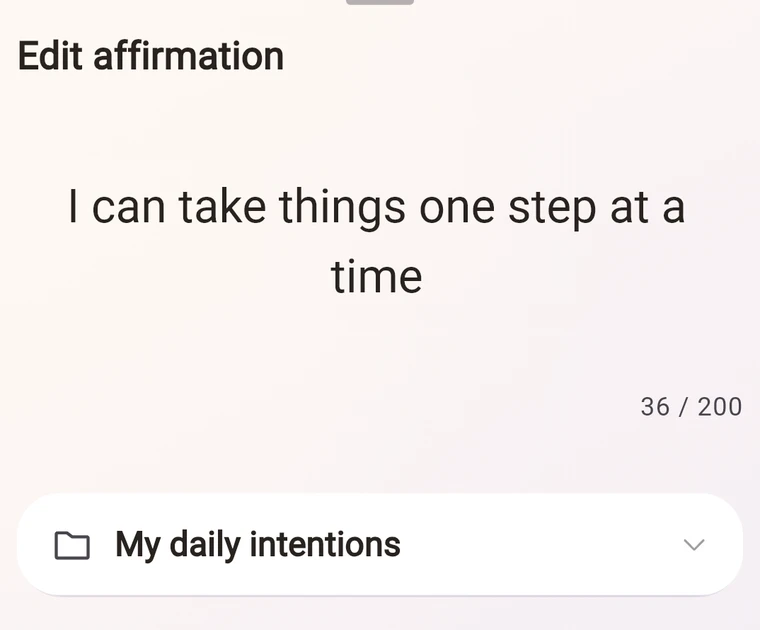 The affirmation editor with a personal affirmation and a My daily intentions category.